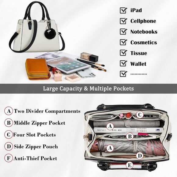 Womens Beige PU leather Top-Handle Waterproof Anti Theft Leather Purses Handbag - Picture 2 of 7